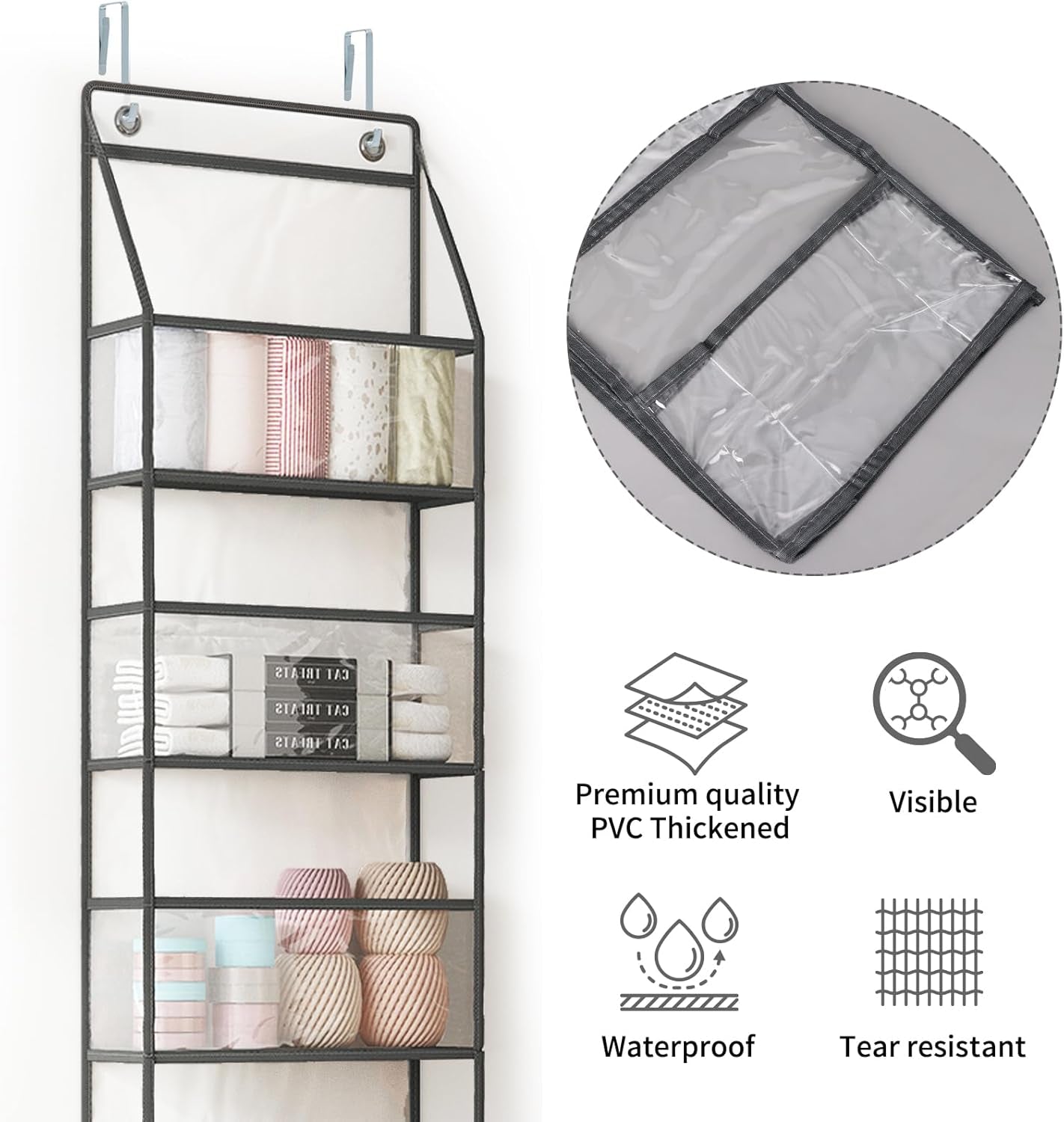 Fixwal Over-the-Door 5-Shelf Organizer with Clear Pockets, Large Capacity Storage for Closet, Bedroom, and Bathroom (Grey)