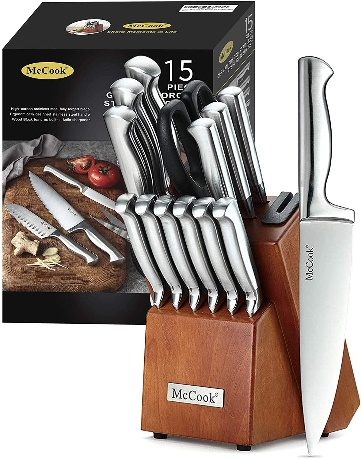 Mccook® Knife Sets, German Stainless Steel Kitchen Knife Block Sets with Built-In Sharpener