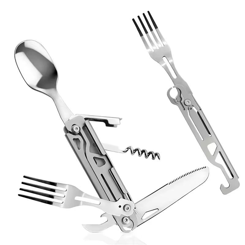 Multi-Function Folding Camping Cutlery Set – Knife, Spoon, Fork, Bottle & Can Opener