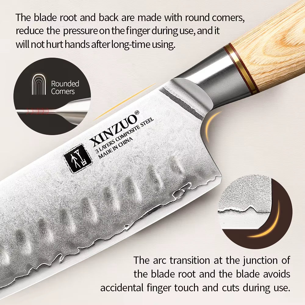 7'' Inch Pro Santok Knife Forged High Carbon 10Cr15Comov Steel Core Composite Steel Kitchen Knives with Pakkawood Handle