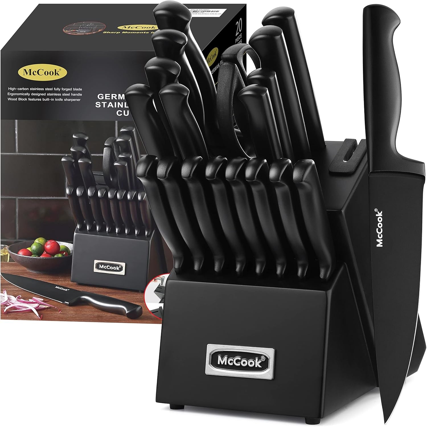 Mccook® Knife Sets, German Stainless Steel Kitchen Knife Block Sets with Built-In Sharpener