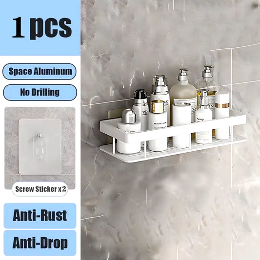 Wall-Mounted No-Drill Bathroom Shelf – Aluminum Corner Shower Rack & Storage