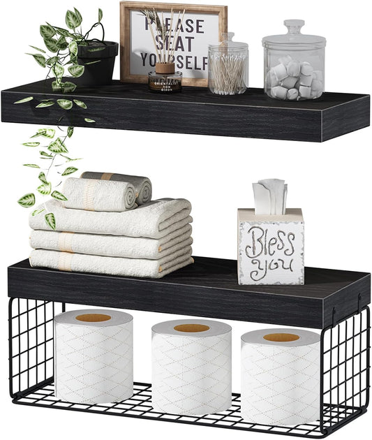 QEEIG Black Wall-Mounted Bathroom Shelves, 16-Inch, Set of 2