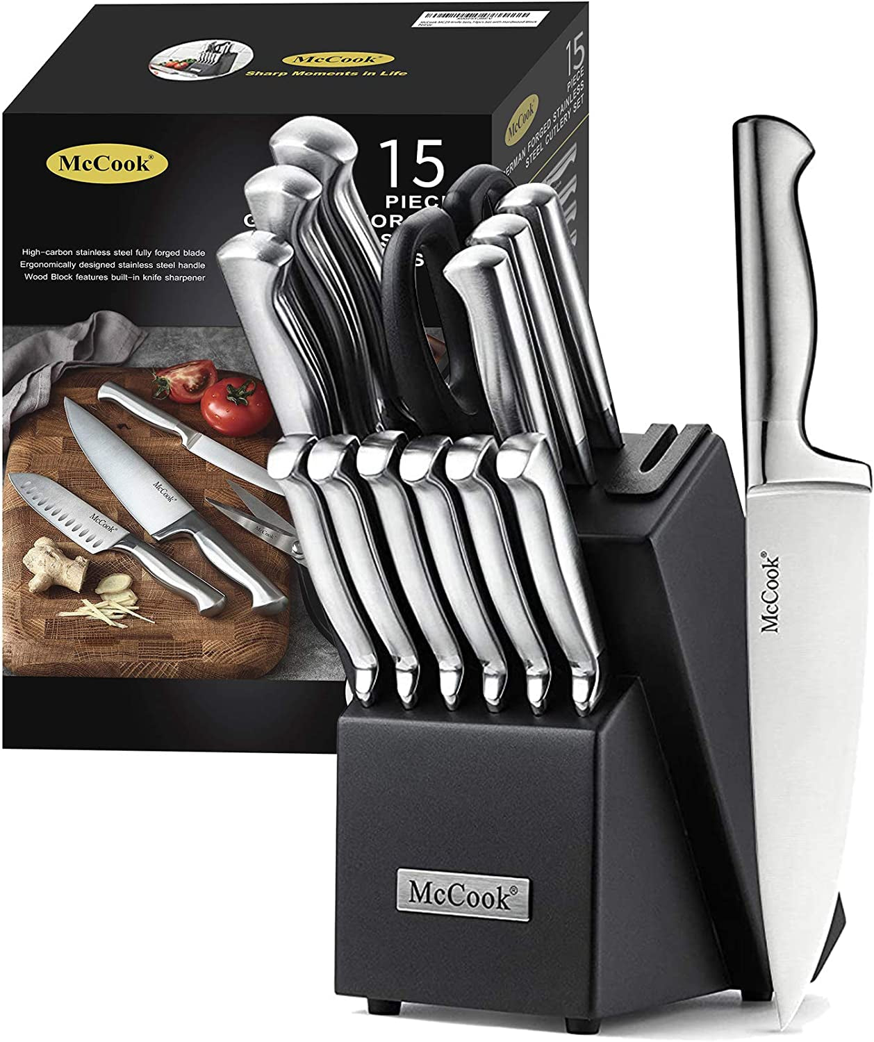 Mccook® Knife Sets, German Stainless Steel Kitchen Knife Block Sets with Built-In Sharpener