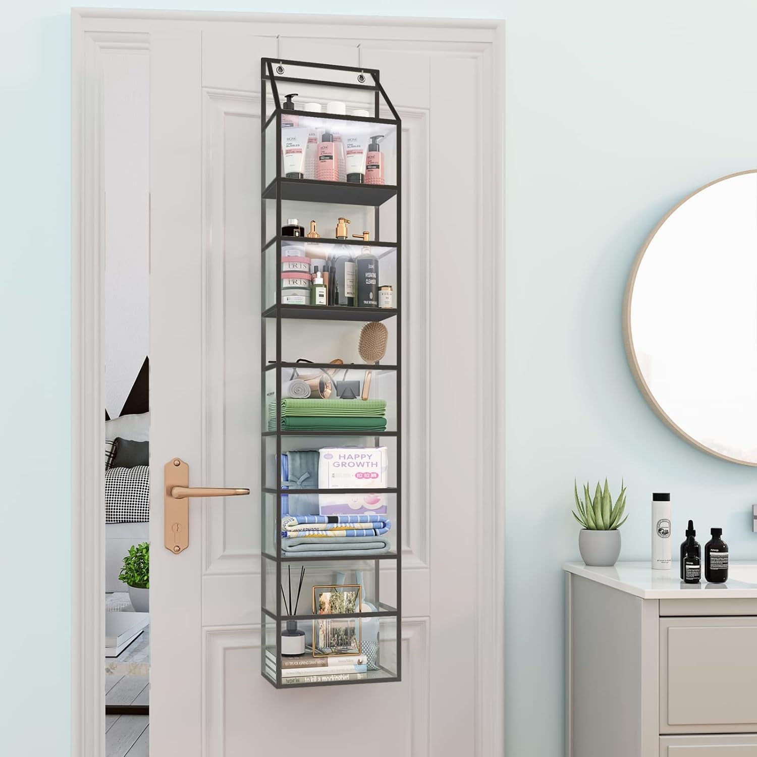 Fixwal Over-the-Door 5-Shelf Organizer with Clear Pockets, Large Capacity Storage for Closet, Bedroom, and Bathroom (Grey)