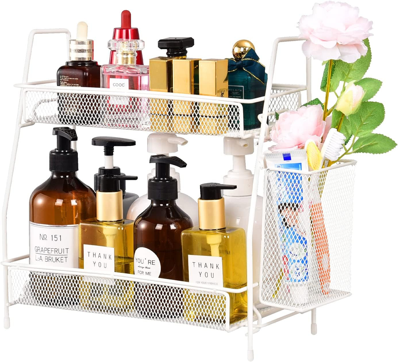 LEMIKKLE Black Countertop Organizer with Basket – Versatile for Bathroom, Kitchen, and Bedroom