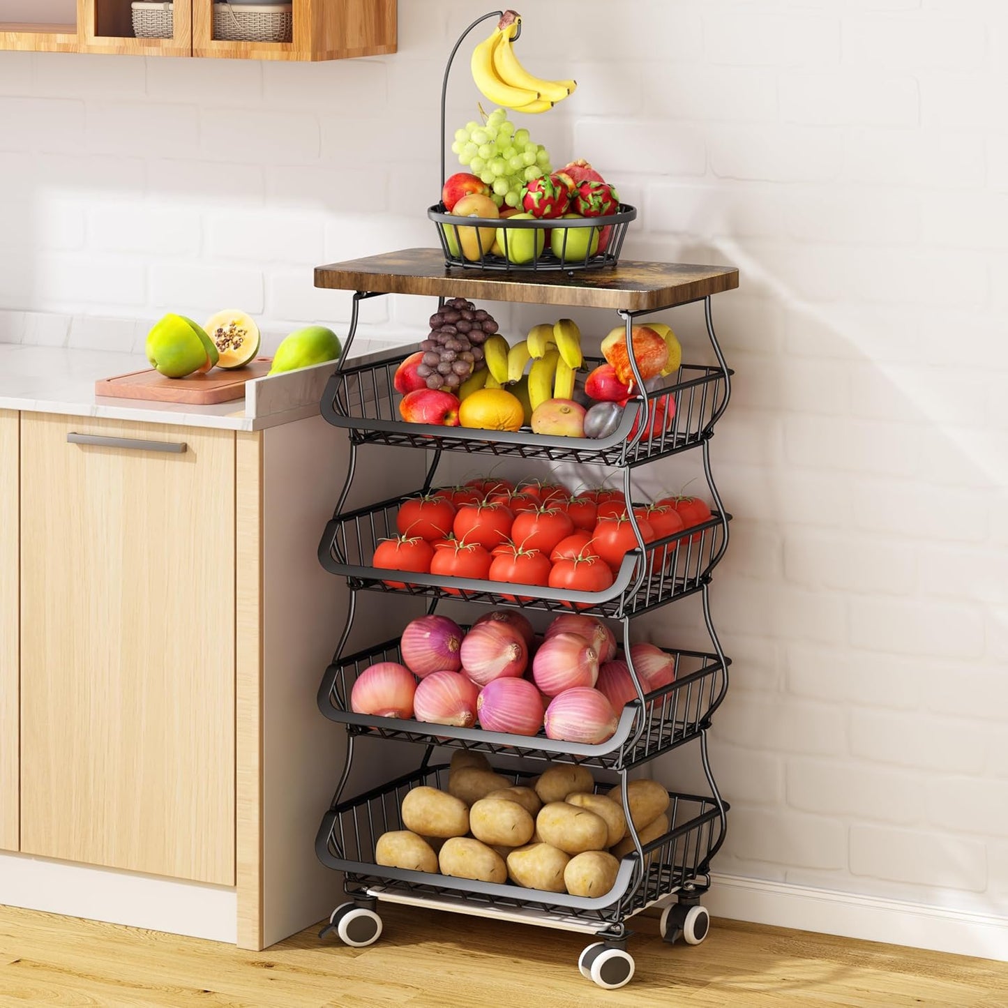 Stackable Fruit Basket Organizer with Wooden Top – Black