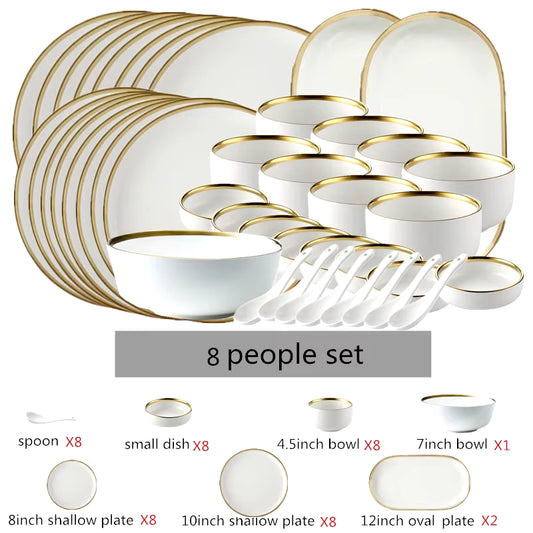 Gold Inlay Ceramic Dinnerware Set - Plates, Bowls, & Serving Tray