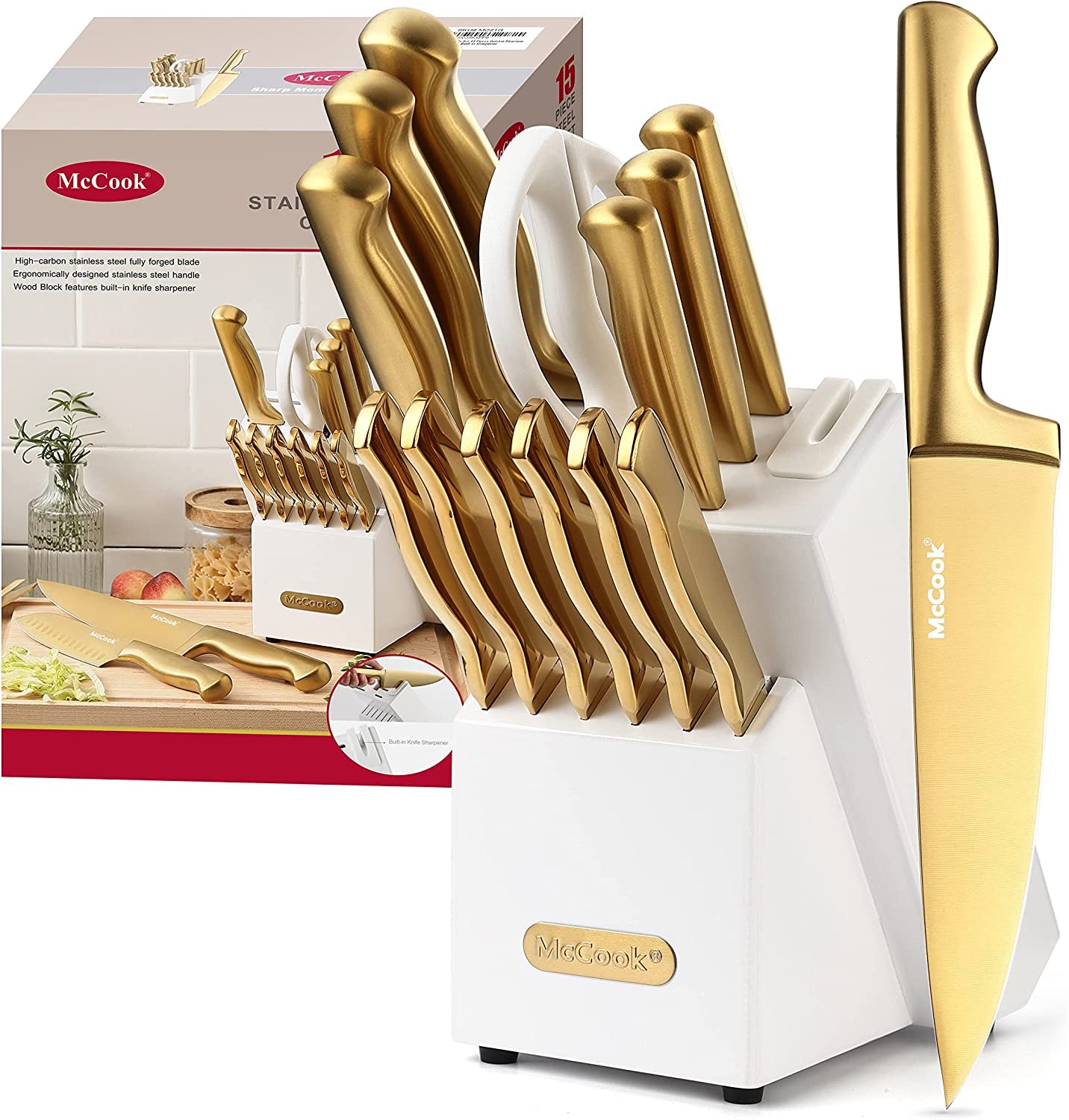 Mccook® Knife Sets, German Stainless Steel Kitchen Knife Block Sets with Built-In Sharpener