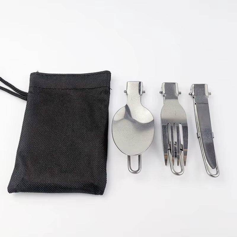 Outdoor Travel Stainless Steel Folding Tableware 3-Piece Camping Portable Folding Knife, Fork and Spoon Cloth Bag