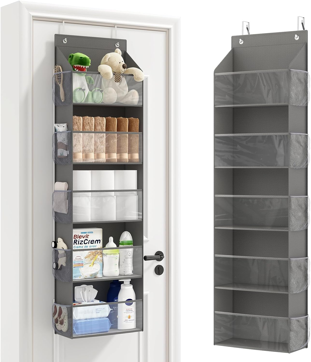 Fixwal Over-the-Door 5-Shelf Organizer with Clear Pockets, Large Capacity Storage for Closet, Bedroom, and Bathroom (Grey)