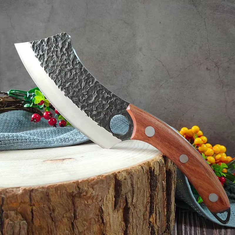 Hand-Forged Chef Cleaver Knife – Wood Handle, Versatile for Meat, Veggies & Boning