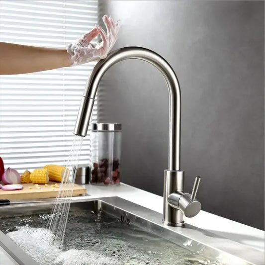 Brushed Stainless Steel Smart Touch Kitchen Faucet with Pull-Out Mixer Tap