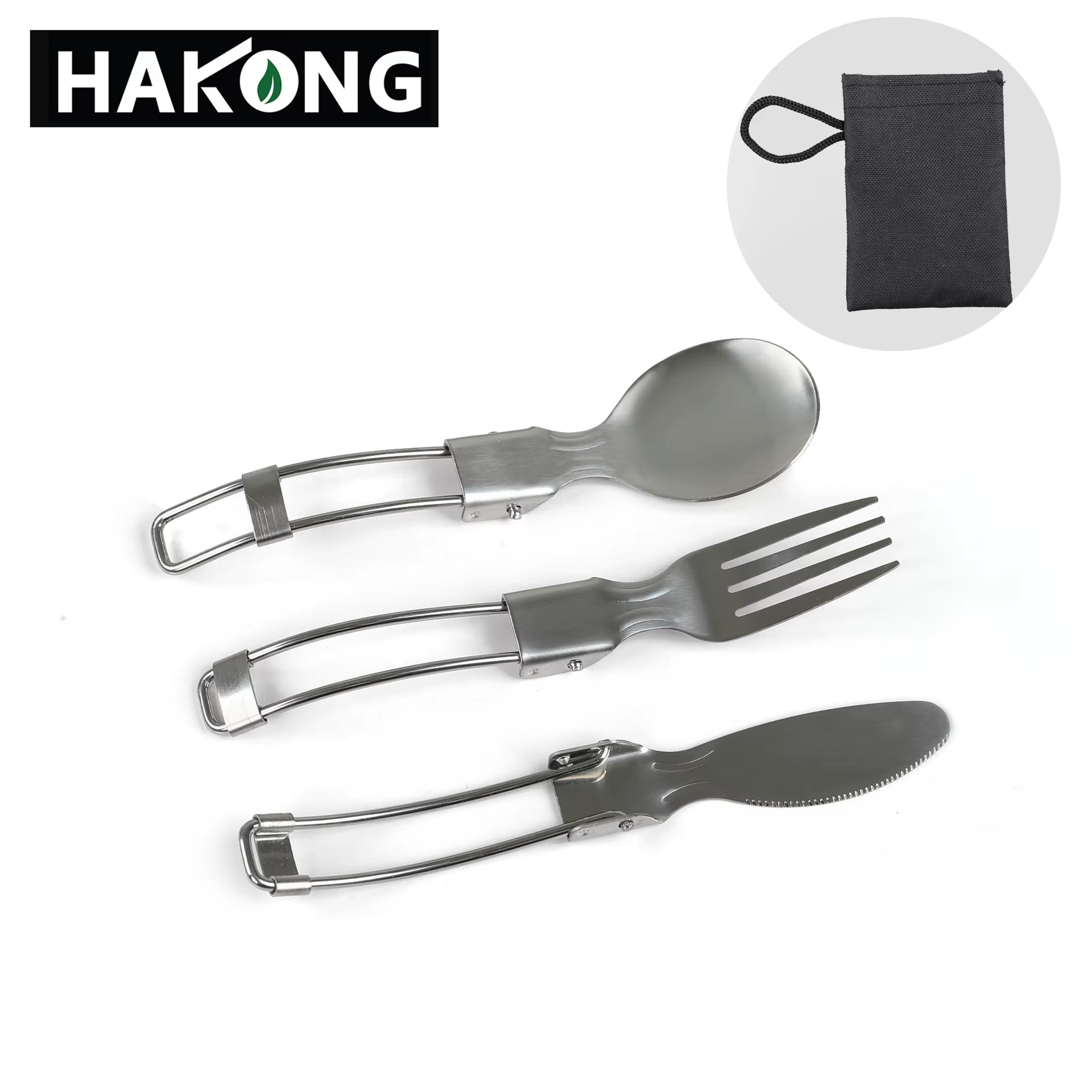 Outdoor Travel Stainless Steel Folding Tableware 3-Piece Camping Portable Folding Knife, Fork and Spoon Cloth Bag