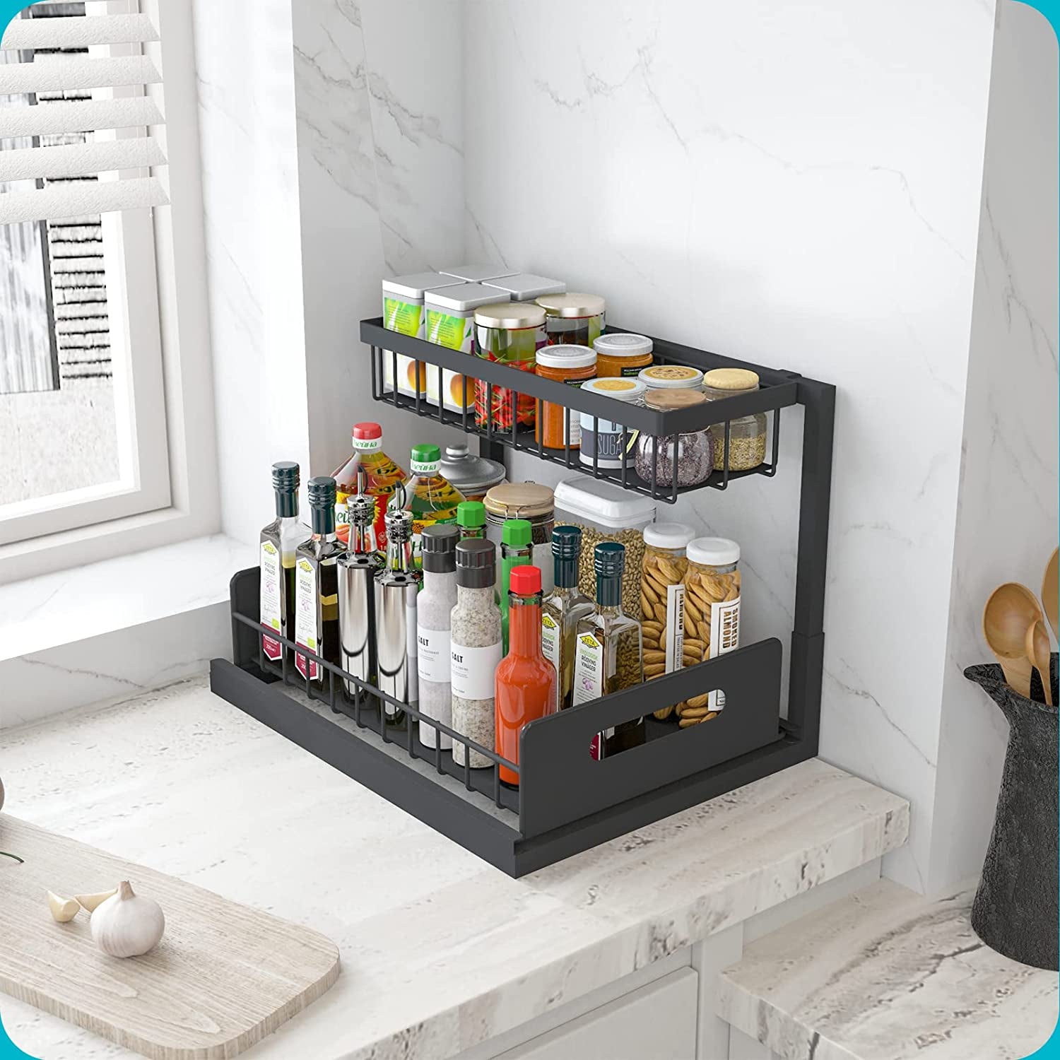 REALINN under Sink Organizer, Pull Out Cabinet Organizer 2 Tier Slide Out Sink Shelf Cabinet Storage Shelves, under Sink Storage for Kitchen Bathroom Cabinet