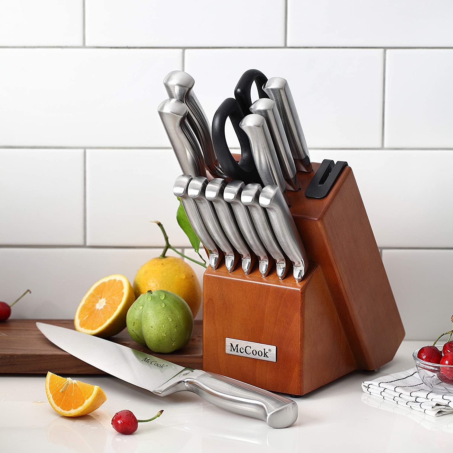 Mccook® Knife Sets, German Stainless Steel Kitchen Knife Block Sets with Built-In Sharpener