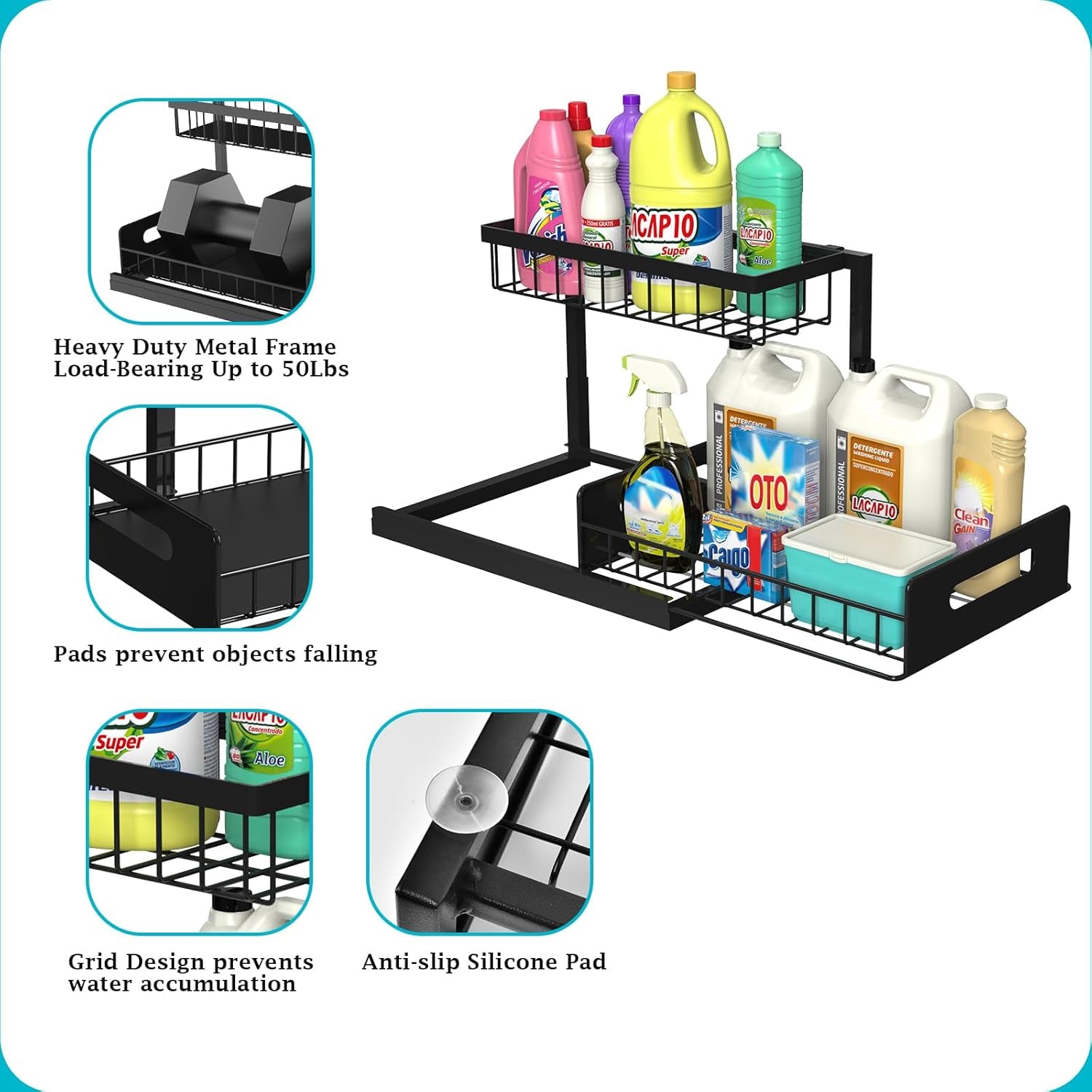 REALINN under Sink Organizer, Pull Out Cabinet Organizer 2 Tier Slide Out Sink Shelf Cabinet Storage Shelves, under Sink Storage for Kitchen Bathroom Cabinet