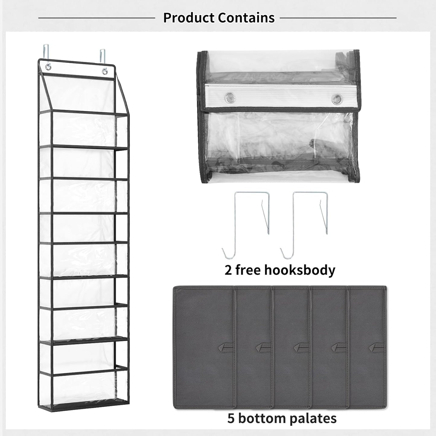 Fixwal Over-the-Door 5-Shelf Organizer with Clear Pockets, Large Capacity Storage for Closet, Bedroom, and Bathroom (Grey)