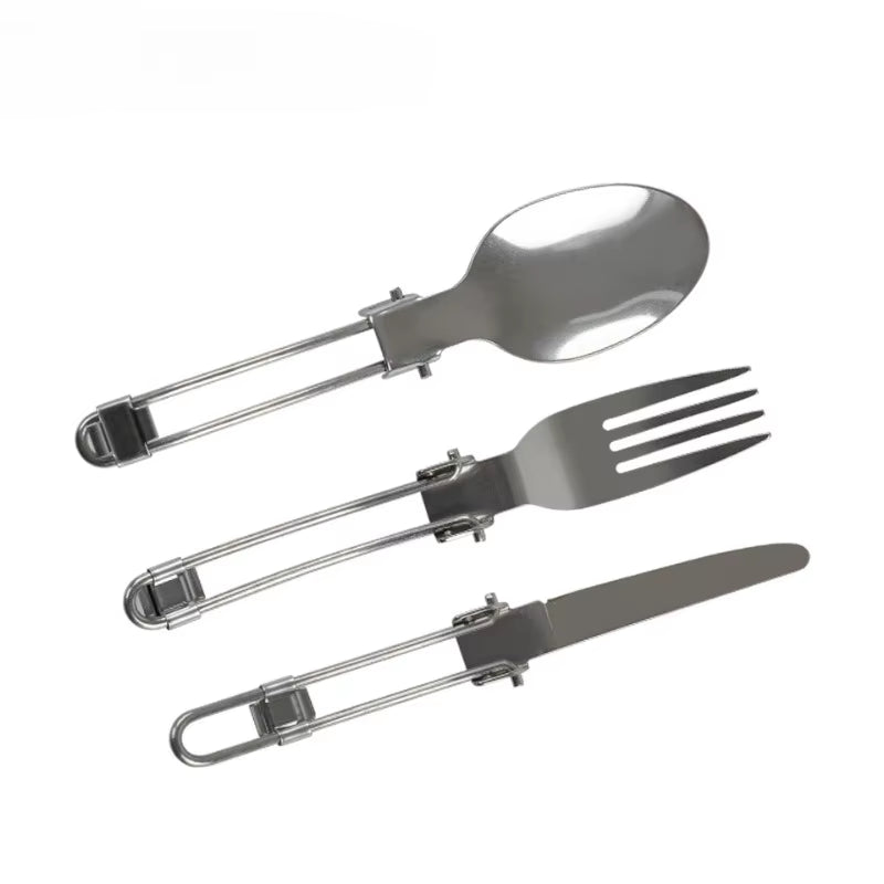 Outdoor Travel Stainless Steel Folding Tableware 3-Piece Camping Portable Folding Knife, Fork and Spoon Cloth Bag