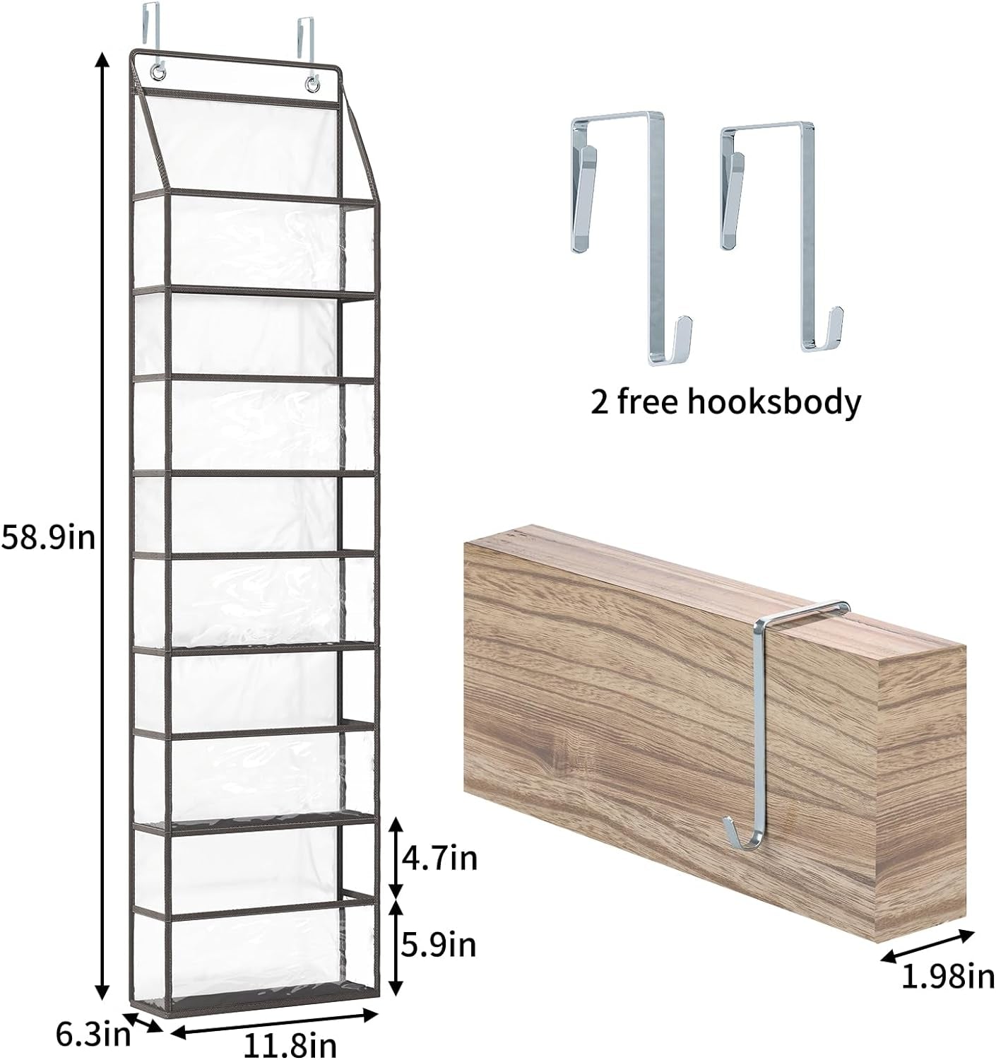 Fixwal Over-the-Door 5-Shelf Organizer with Clear Pockets, Large Capacity Storage for Closet, Bedroom, and Bathroom (Grey)