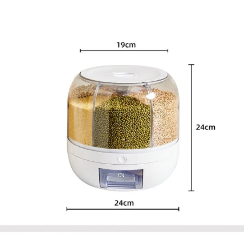 360 Degree Rotating Rice Dispenser Sealed Dry Cereal Grain Bucket Dispenser Moisture-Proof Kitchen Food Container Storage Box