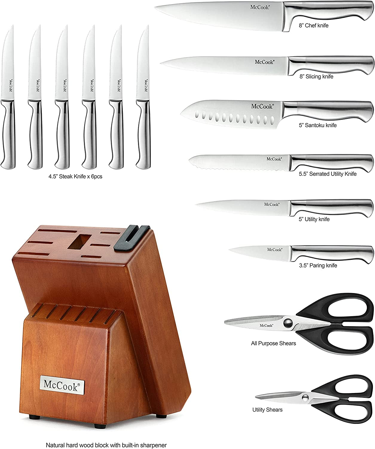 Mccook® Knife Sets, German Stainless Steel Kitchen Knife Block Sets with Built-In Sharpener