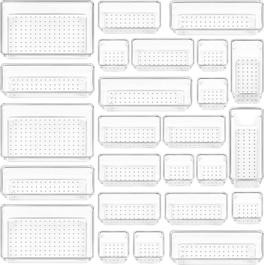 Vtopmart 25 PCS Clear Plastic Drawer Organizers Set, 4-Size Versatile Bathroom and Vanity Drawer Organizer Trays, Storage Bins for Makeup, Bedroom, Kitchen Gadgets Utensils and Office