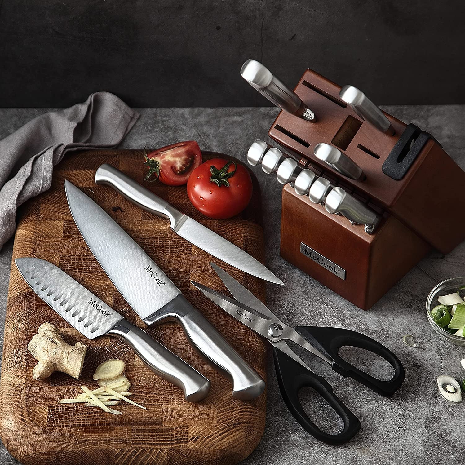 Mccook® Knife Sets, German Stainless Steel Kitchen Knife Block Sets with Built-In Sharpener