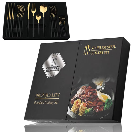 24-Piece Black & Gold Cutlery Set – Stainless Steel Flatware for Dining & Gifts