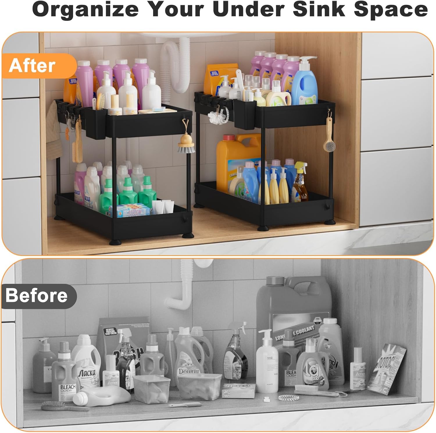 2-Pack 2-Tier Under-Sink Organizer with Hanging Cups & Hooks, Black – Multi-Purpose Storage for Kitchen & Bathroom