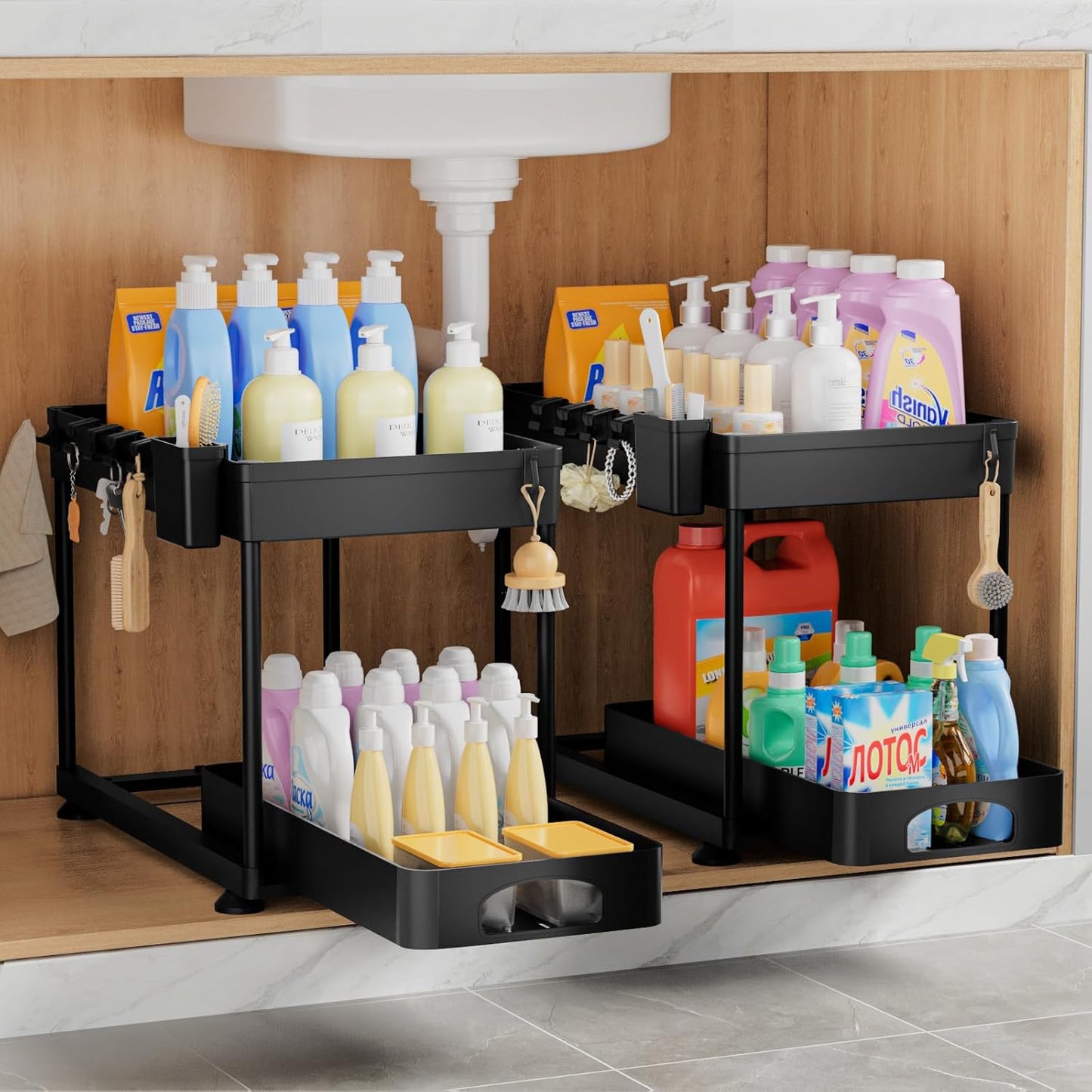 2-Pack 2-Tier Under-Sink Organizer with Hanging Cups & Hooks, Black – Multi-Purpose Storage for Kitchen & Bathroom