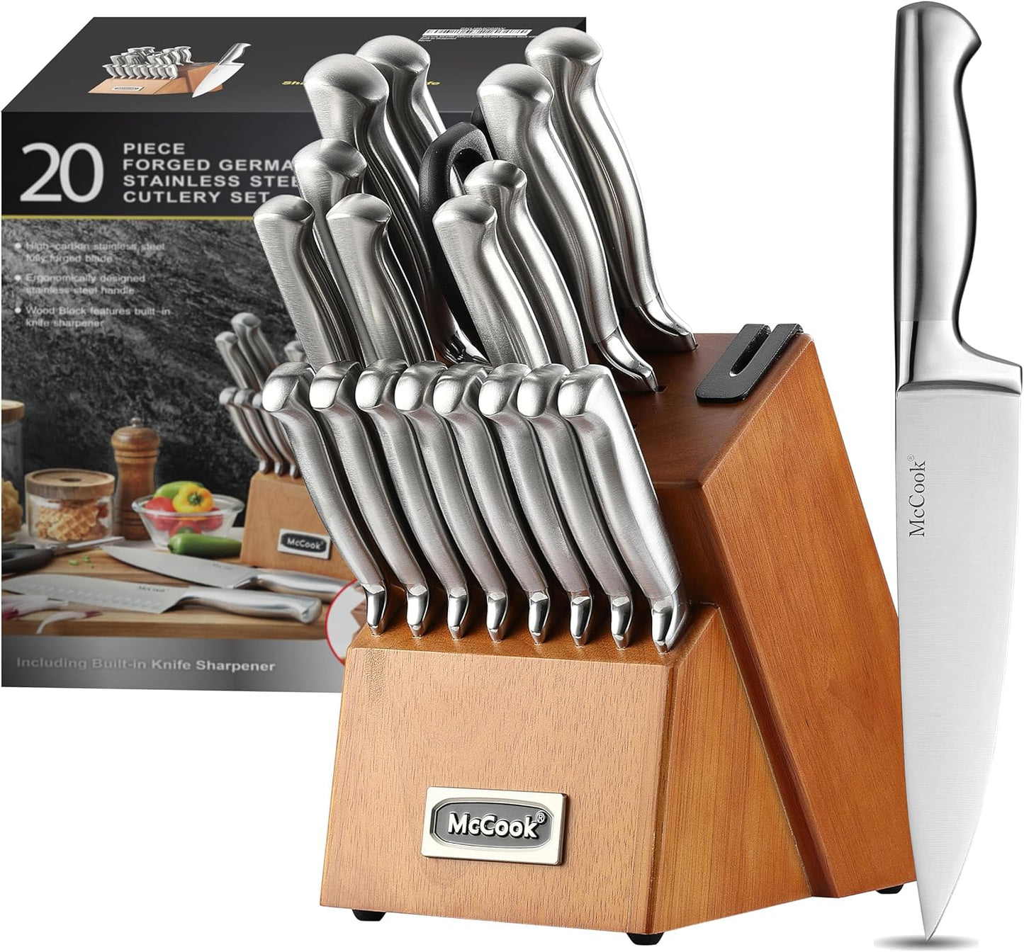 Mccook® Knife Sets, German Stainless Steel Kitchen Knife Block Sets with Built-In Sharpener