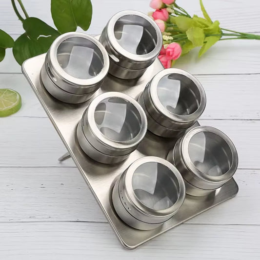 "6-Piece Magnetic Spice Jar Set with Rack – Stainless Steel Storage Containers with Clear Lids