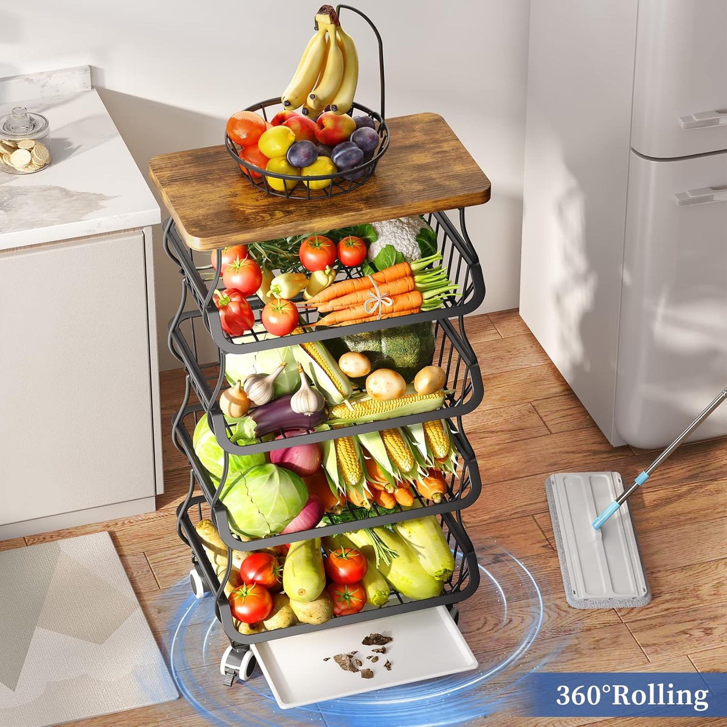 Stackable Fruit Basket Organizer with Wooden Top – Black