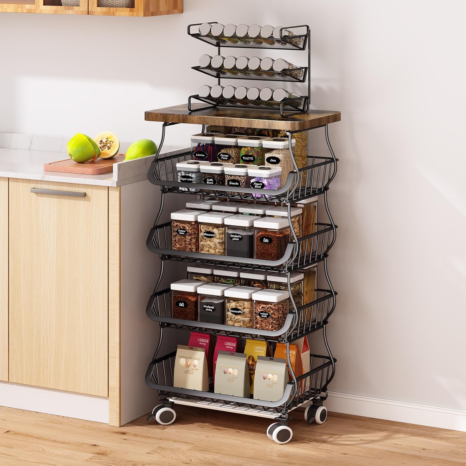 Stackable Fruit Basket Organizer with Wooden Top – Black