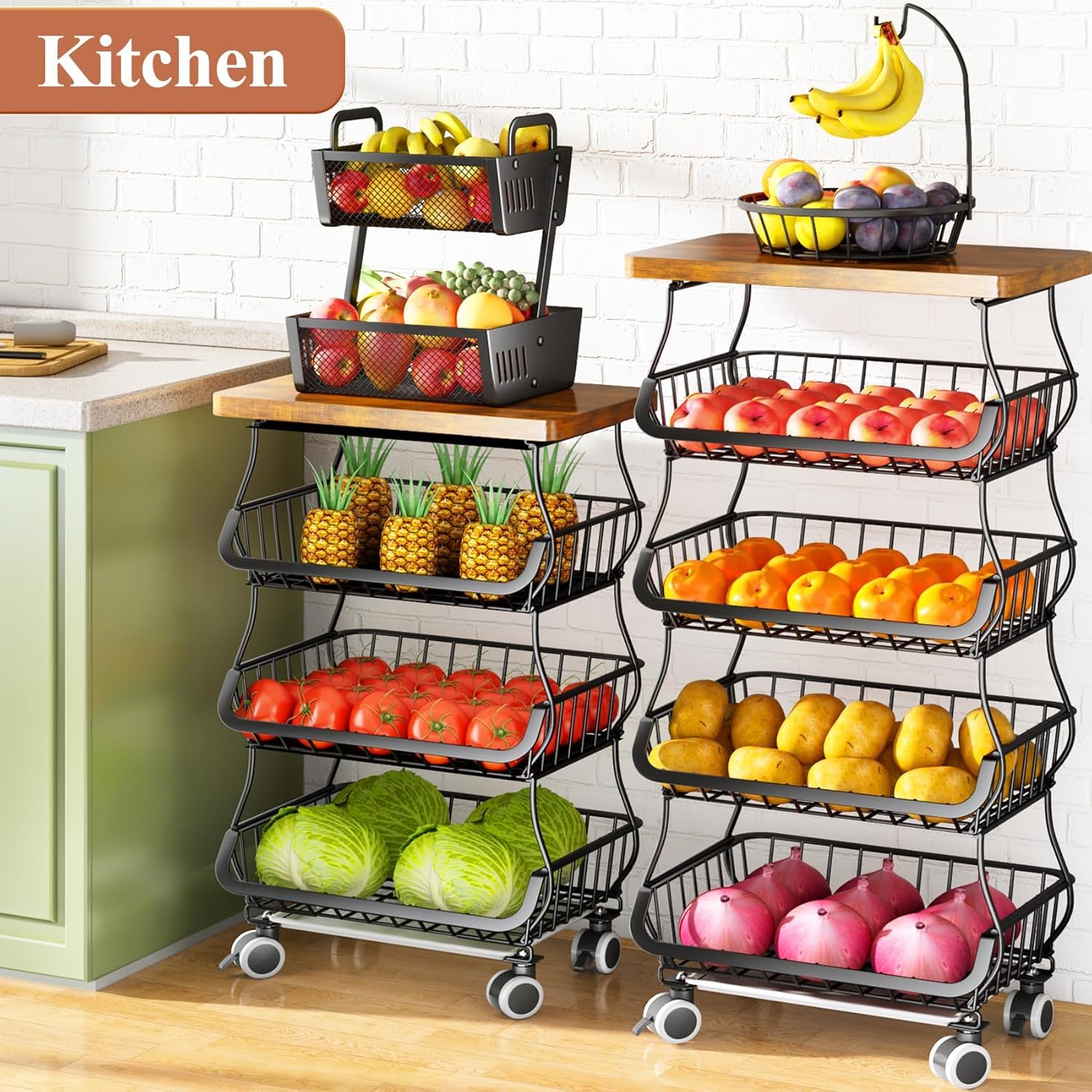 Stackable Fruit Basket Organizer with Wooden Top – Black