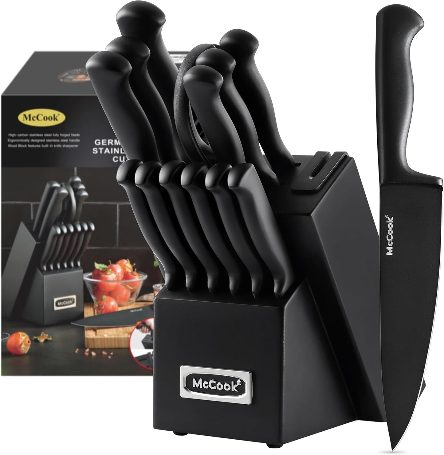 Mccook® Knife Sets, German Stainless Steel Kitchen Knife Block Sets with Built-In Sharpener