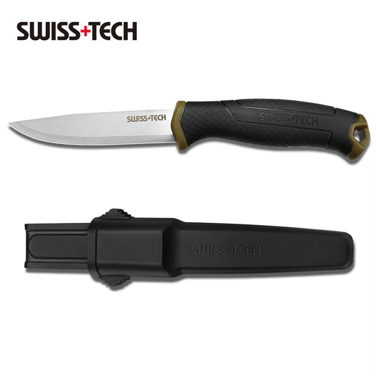 SWISS TECH Fixed Blade Knife Survival Knife with Sheath Knife Tactical Military Hunting Knife Strong Single Edge Great