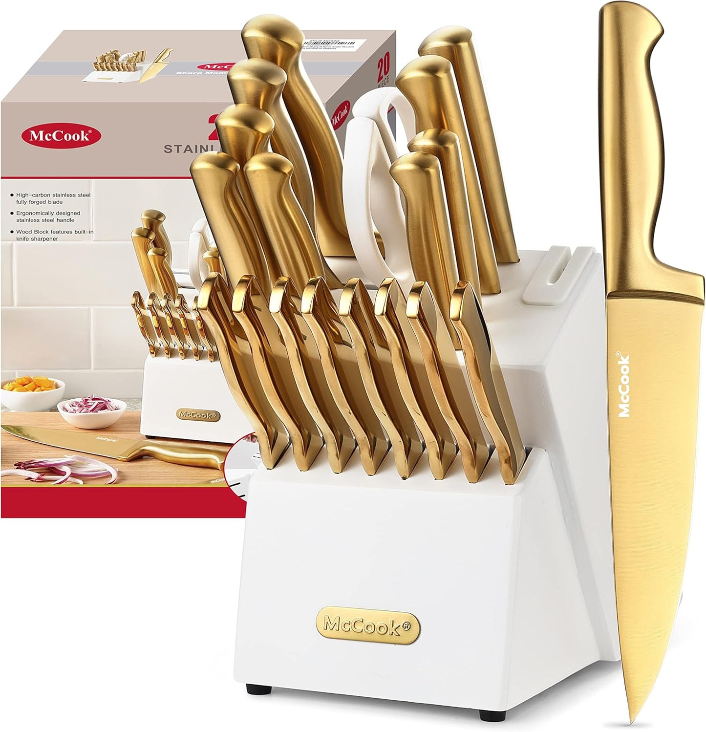 Mccook® Knife Sets, German Stainless Steel Kitchen Knife Block Sets with Built-In Sharpener