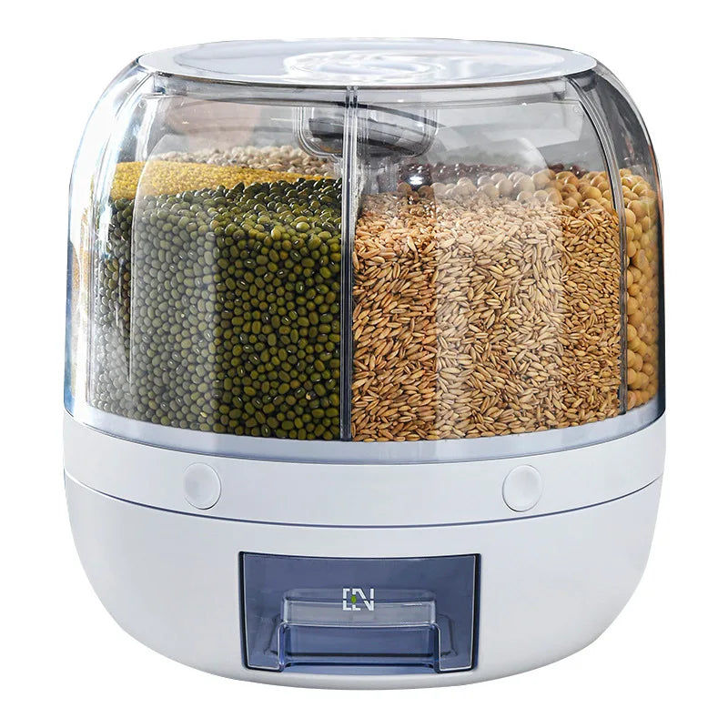 360 Degree Rotating Rice Dispenser Sealed Dry Cereal Grain Bucket Dispenser Moisture-Proof Kitchen Food Container Storage Box