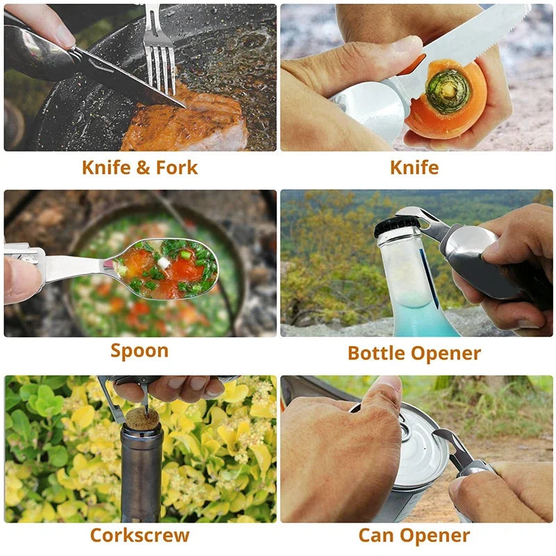 Multi-Function Folding Camping Cutlery Set – Knife, Spoon, Fork, Bottle & Can Opener