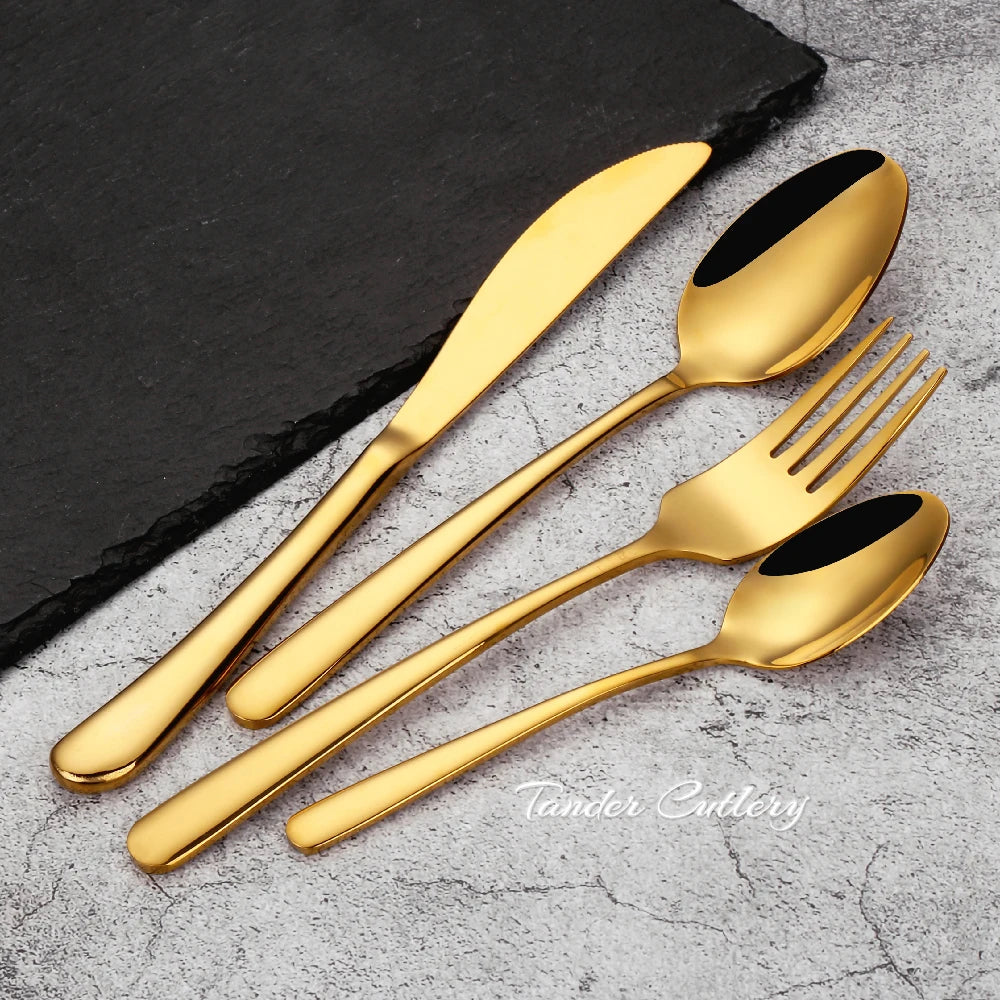 304 Stainless Steel Gold Cutlery Set - 8 to 24 Pcs, Smooth Handle, Mirror Finish