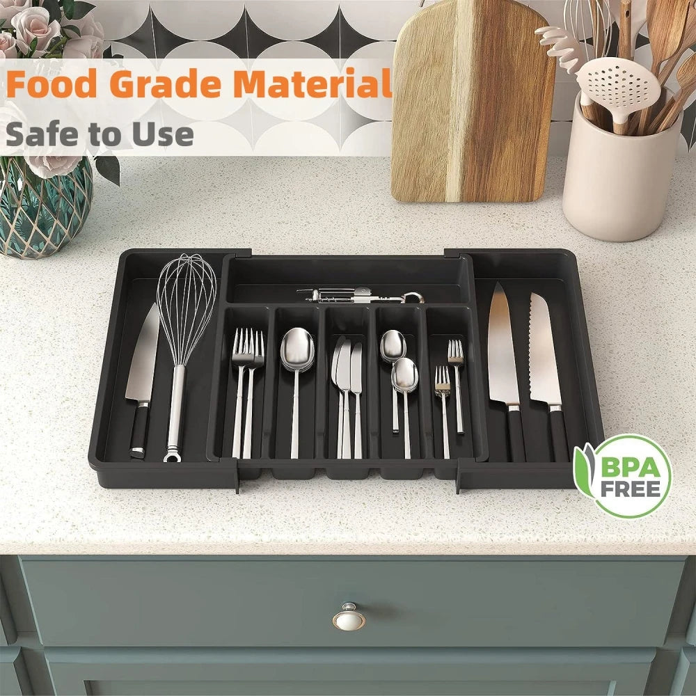 Expandable Black Cutlery Organizer - Adjustable Silverware Tray for Kitchen