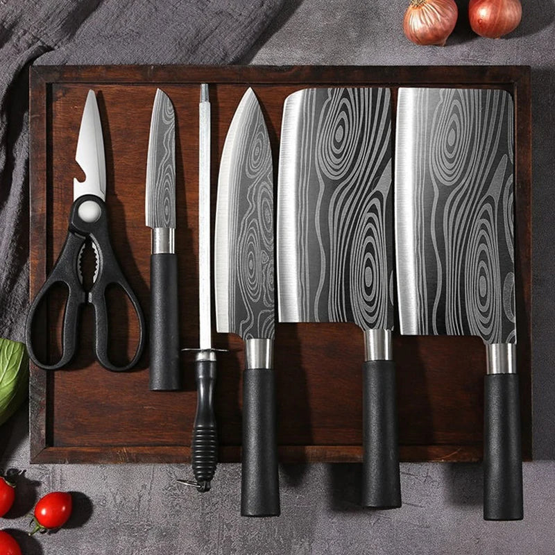 Damascus Pattern Kitchen Knife Set with Scissors & Sharpening Rod