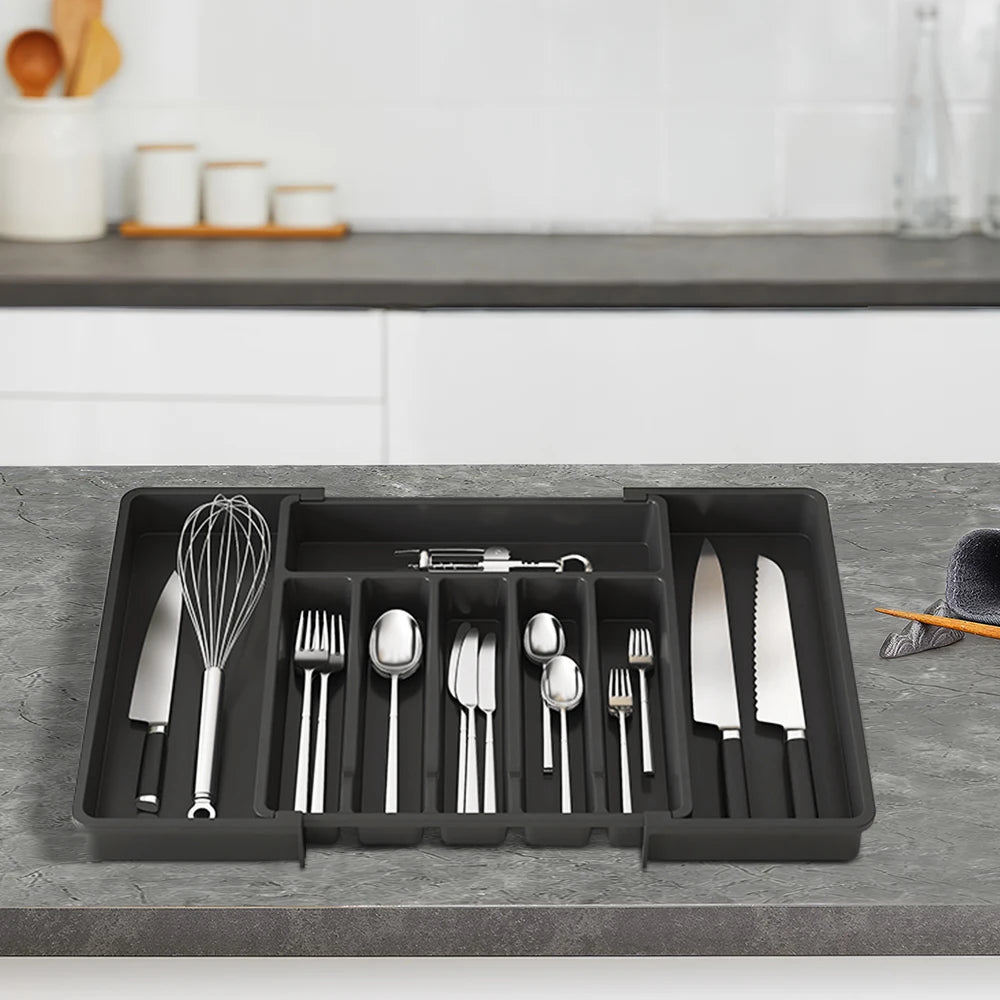 Expandable Black Cutlery Organizer - Adjustable Silverware Tray for Kitchen