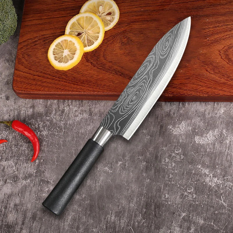 Damascus Pattern Kitchen Knife Set with Scissors & Sharpening Rod