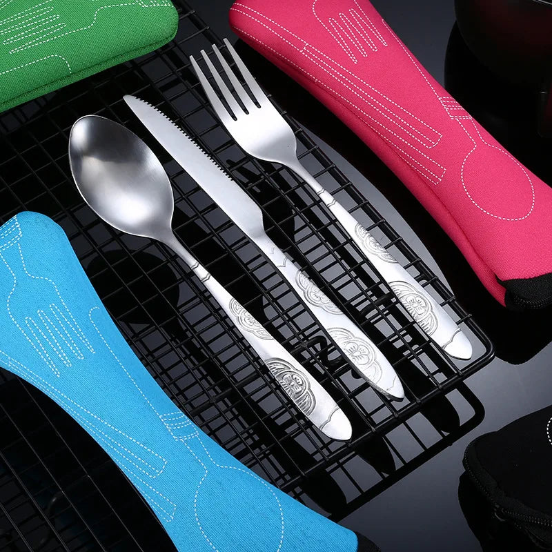 3Pcs Portable Dinnerware Set - Stainless Steel Cutlery with Bag