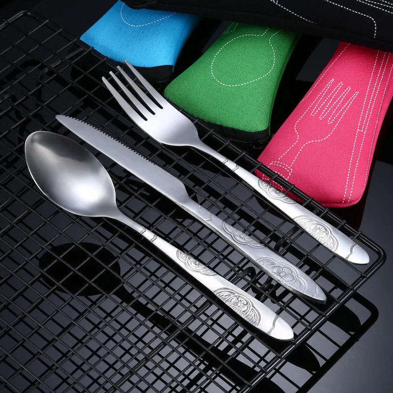 3Pcs Portable Dinnerware Set - Stainless Steel Cutlery with Bag