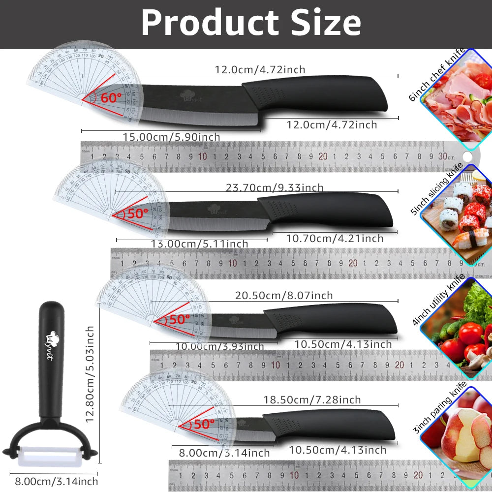 Ceramic Kitchen Knife Set (3-6 Inch) – Chef, Utility, Slicer & Peeler, White Zirconia Blades