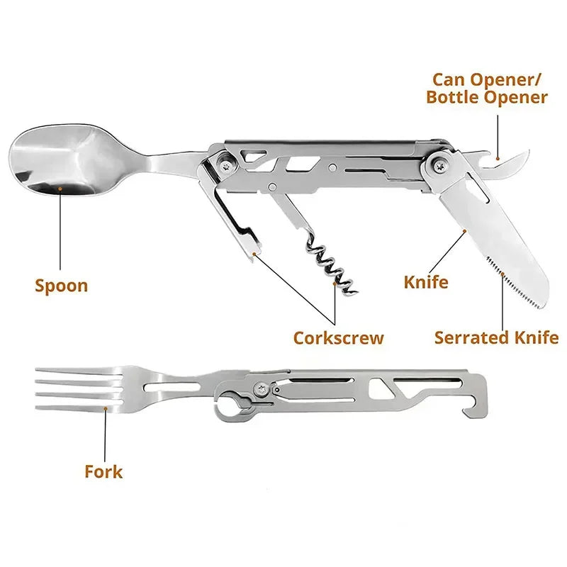 Multi-Function Folding Camping Cutlery Set – Knife, Spoon, Fork, Bottle & Can Opener